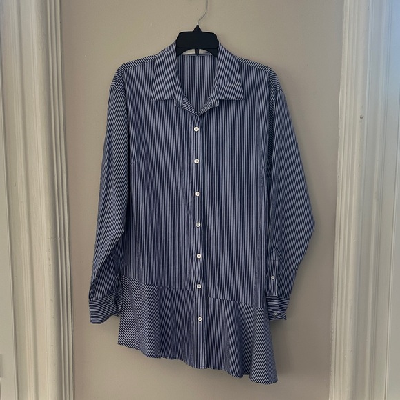 Veronica Beard Gilda Asymmetrical Hem Striped Button Down Shirt - Size 10 - Picture 3 of 6